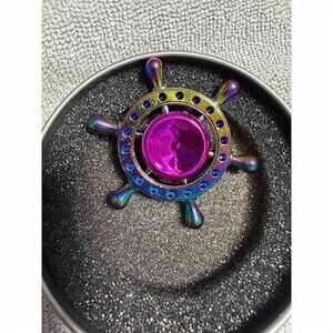 Rainbow Ship Wheel Fidget Spinner Purple Center Blue Rhinestones Tin Case